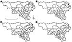 Thumbnail of Distribution of red deer samples obtained in Belgium (Wallonia) in A) 2005, B) 2006, C) 2007, and D) 2008, and location of forest districts. White circles indicate districts where only seronegative animals were detected, and black circles indicate districts where seropositive animals were detected. Scale bar indicates 100 km.
