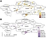 Thumbnail of Kernel density estimates of anthrax outbreaks in cattle (A) and sheep (B), Kazakhstan, 1937–2005. Color shading represents SD values relative to density values from the kernel density estimate analysis for each species.