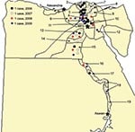 Thumbnail of Residences of 63 case-patients with avian influenza virus (H5N1) infections, Egypt, 2006–2009. 1, Alexandria; 2, Kafr El Sheikh; 3, Gharbia; 4, Menofia; 5, Qalubiya; 6, Behera; 7, Damietta; 8, Dakahlia; 9, Sharkia; 10, Cairo; 11, 6th of October; 12, Suez; 13, Fayoum; 14, Benu Suef; 15, Menia; 16, Assyut; 17, Sohag; 18, Qena; 19, Aswan.