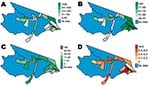 Thumbnail of Cloropleth maps of selected malaria risk factors for health districts in Mâncio Lima, Brazil. A) Resident population in health districts in 2006. B) Percentage of slide-confirmed malaria cases receiving access to care within the first 48 hours of symptom onset in 2006. C) Percentage of 1997 deforestation in each of the health districts calculated from 60 × 60-meter resolution classified PRODES data. D) Cumulative percentage change in deforestation by health district from 1997 to 200