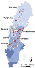 Thumbnail of Geographic origin of 263 Eurasian lynx (Lynx lynx) collected in Sweden during 1995–1999 and tested for orthopoxvirus (OPV)–specific DNA (open circles). OPV DNA was amplified by PCR from 24 animals (9%; red circles). Light blue areas represent sparsely populated (&lt;5 inhabitants/km2) mountainous counties; medium blue areas represent more densely populated counties (10–41 inhabitants/km2) farther south; and dark blue areas represent counties with the highest human population densiti
