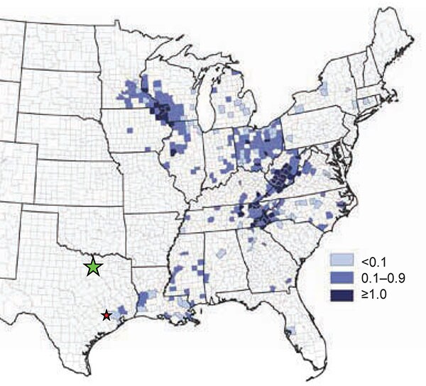 Geographic distribution of La Crosse virus (LACV) in accordance with the habitat range of Aedes triseriatus mosquitoes in the United States as inferred from the California serogroup virus neuroinvasive disease average annual incidence by county, 1996–2008. Incidence rates are shown in shades of blue. Dallas County and Fort Bend County locations of the 2009 LACV isolations from pools containing Ae.albopictus and Ae. triseriatus mosquitoes are indicated by green and red stars, respectively. Data a