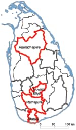 Thumbnail of Study districts in Sri Lanka where field veterinarians participated in the Infectious Disease Surveillance and Analysis System and obtained data on animal health during their daily work activities. Study districts are indicated by red outlines; provincial boundaries are indicated in gray, and district boundaries are indicated in black.