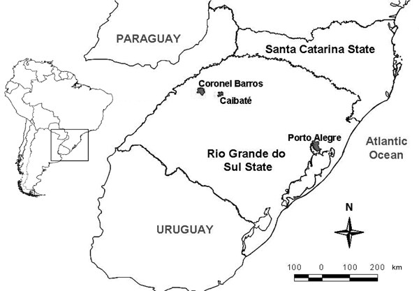Municipalities in Rio Grande do Sul State, southern Brazil, where mosquito specimens were collected during November 2008.