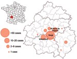 Thumbnail of Department of Dordogne (with its 4 arrondissements and 50 counties) and distribution of clinical cases of thelaziosis in dogs and cats, France, 2005–2008. Most cases were reported in the counties of Vergt, Saint Pierre de Chignac, and Villamblard.