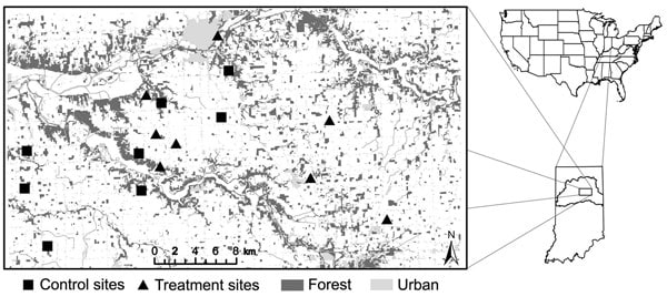 Study area of raccoon latrines showing locations of treatment and control patches, Upper Wabash Basin, north-central Indiana, 2007–2008. Dominant land use is represented by degree of shading.