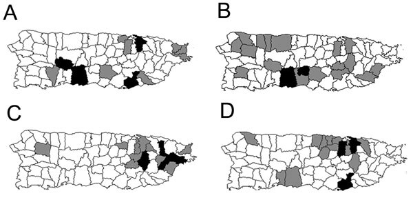 Dengue virus (DENV) serotype 2 case distribution, Puerto Rico, 1987–2006. Maps of Puerto Rico are shown as examples of distribution of total of DENV-2 cases reported on the island during 4 different years representing clade II expansion (1987) (A), clades II/I mixing (1995) (B), low evolution of subclade IB (2001) (C), and resurgence of subclade IB (D). All maps represent the 78 municipalities of Puerto Rico. White, 0–1 DENV-2 identifications; gray, 2–5 DENV-2 identifications; black, &gt;6 DENV-