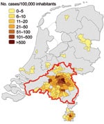 Thumbnail of Density of 1,133 reported cases of acute Q fever in humans per municipality, the Netherlands, January 1–June 10, 2009. Area outlined in red is where vaccination of dairy goats and sheep was mandatory in 2009 (Noord Brabant Province and parts of adjacent provinces). Data were obtained from the National Institute for Public Health and the Environment, Statistics Netherlands, the Food and Consumer Product Safety Authority, and the Ministry of Agriculture, Nature and Food Quality.