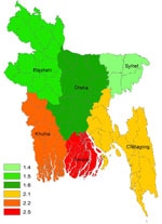 Thumbnail of Crude incidence rate (per 100,000 population/year) of Guillain-Barré syndrome in children &lt;15 years of age, Bangladesh, 2006 and 2007.
