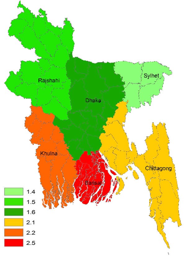 Crude incidence rate (per 100,000 population/year) of Guillain-Barré syndrome in children &lt;15 years of age, Bangladesh, 2006 and 2007.