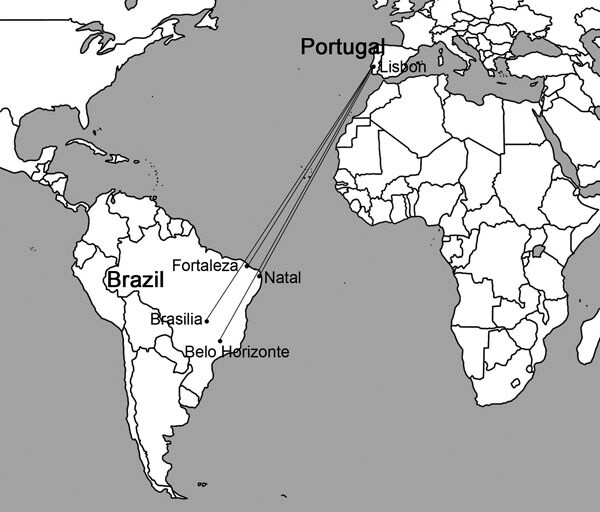 Commercial air transport routes between Lisbon, Portugal, and cities in Brazil that could make possible the accidental importation into Europe of Lutzomyia longipalpis sand flies, a vector of visceral leishmaniasis.