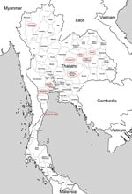 Thumbnail of Provinces of Thailand in which Q fever surveillance was conducted, 2012. Red ovals indicate sources of normal ruminant placentas. Two human deaths caused by endocarditis diagnosed as attributable to Coxiella burnetii infection have recently been reported in Khon Kaen Province.