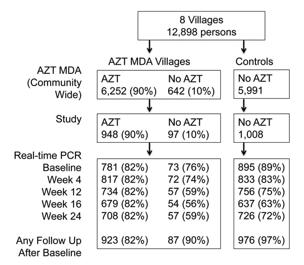 Flowchart of participants in study of short-term malaria reduction by single-dose azithromycin (AZT) during mass drug administration (MDA) for trachoma, Tanzania, January 12–July 21, 2009. AZT MDA (village-wide) and study panels show that 90% of persons who were intended to receive AZT received this drug. Total study participants with ≈1,000 in each group, shown in the study panel, contributed samples that are shown in the real-time PCR panel at each sampling time. Percentages in the real-time P