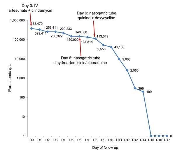Evolution of Plasmodium falciparum parasite density (log scale) by day after start of antimalaria treatments for man with severe malaria who returned from Angola to Vietnam in April 2013. Values are parasites/microliter of blood. IV, intravenous.
