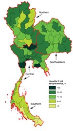 Thumbnail of Map of Thailand, showing hepatitis E IgG seroprevalence in young Thai men, 2007–2008, grouped by reported province of residence during the 2 years before entry in to the Royal Thai Army. Circle indicates Bankok, the capital.