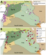 Thumbnail of Cutaneous leishmaniasis prevalence within Syria and neighboring countries of the World Health Organization’s Eastern Mediterranean Region, 2013. A) Prevalence among refugee camps. Case data were taken from http://datadryad.org/resource/doi:10.5061/dryad.05f5h. B) Distribution of sand fly and parasite species. Country names and boundaries are not official. Maps were adapted from https://hiu.state.gov/Products/Syria_DisplacementRefugees_2015Apr17_HIU_U1214.pdf. 