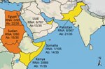 Thumbnail of Six countries studied for hepatitis E virus (HEV) infection in dromedary camels, 1983–2015. Number of tested and number of HEV-7 RNA-positive samples or Ab-positive samples are given next to the study sites: Egypt, Sudan (today separated into Sudan and South Sudan), Kenya, Somalia, UAE, and Pakistan. Countries with both HEV-7 RNA and Ab detection are in red; countries with only Ab detection are in orange. Ab, antibody; UAE, United Arab Emirates; Map was created by using Quantum GIS 