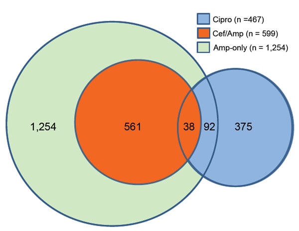 Number of nontyphoidal Salmonella isolates with clinically important resistance, by resistance category, United States, 2004–2012. Three mutually exclusive categories were defined. Isolates in each category may have resistance to other agents: 99% of the 599 Cef/Amp isolates, 43% of the 467 Cipro isolates, and 89% of the 1,254 Amp-only isolates were resistant to &gt;1 antimicrobial class other than cephems, quinolones, or penicillins. Amp-only, resistant to ampicillin but susceptible to ceftriax