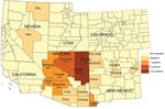 Number of Onchocerca lupi nematode–positive coyotes collected, southwestern United States, 2015–2018. Positivity rates are provided for each county with O. lupi–positive coyotes.