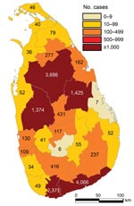 Thumbnail of Reported leishmaniasis cases by district, Sri Lanka, 2001–2018. 