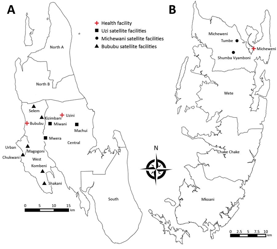 Locations of 14 study health centers, including 11 peripheral satellite health units and 3 referral health facilities for which increased sensitivity of Plasmodium falciparum to artesunate/amodiaquine despite 14 years as first-line malaria treatment was tested, Zanzibar. A) Unguja Island; B) Pemba Island.