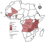 Prevalence of Plasmodium falciparum kelch 13 mutations in pretreatment therapeutic efficacy study samples, 9 countries in Africa, 2014–2018. A total of 11 unique nonsynonymous and 27 unique synonymous mutations were detected in 2,865 successfully sequenced pretreatment and day of failure samples from Angola, Benin, Democratic Republic of the Congo, Guinea, Kenya, Malawi, Mali, Tanzania, and Zambia collected during 2014–2018. A total of 2,753 samples were wild-type. Data from Angola includes results from 2 therapeutic efficacy studies.