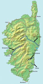 Locations of rivers referenced in investigation of developing endemicity of schistosomiasis, Corsica, France. Map adapted by using UBehrje (https://www.demis.nl); in public domain (https://upload.wikimedia.org/wikipedia/commons/3/3e/Corsica_Map.png).