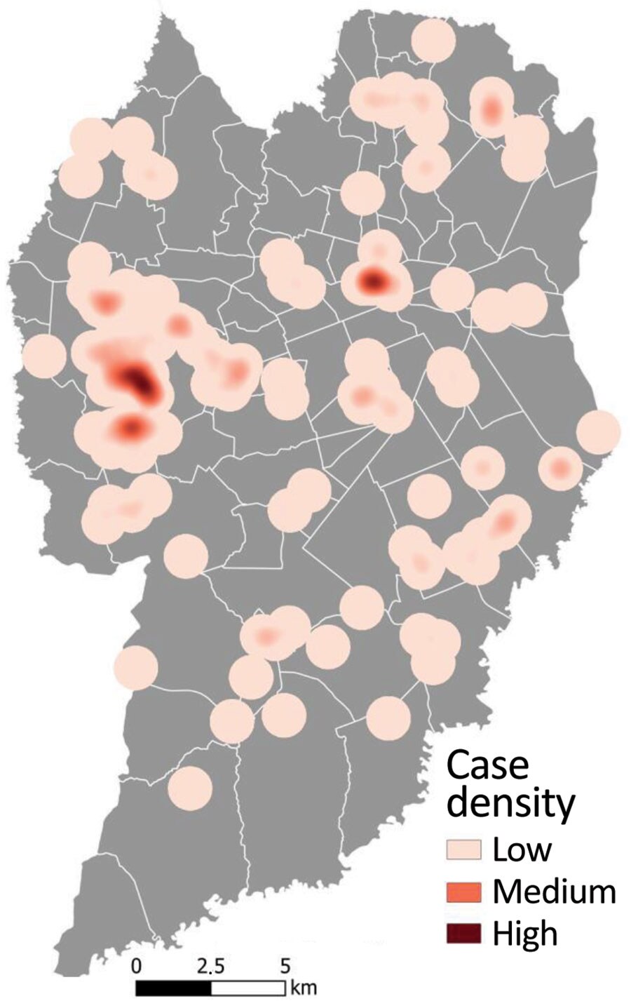 Heatmap of human cat-transmitted sporotrichosis cases using kernel density estimation in Curitiba, Brazil, 2011–May 2022. Kernel density map was created using a search radius of 750 m.