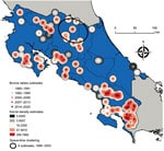 Kernel density estimations and Kulldorff space-time scan results for 109 bovine rabies outbreaks, Costa Rica, 1985–2020. Scan was limited to a 10-km distance from the epicenter of an outbreak to account for Desmodus rotundus vampire bat foraging ranges, enabling the detection of outbreak locations in space and time. Kernel density estimations were interpolated by using GeoDa version 1.18.0 (http://geodacenter.github.io), and the Kulldorff scan was implemented in SaTScan (https://www.satscan.org). The bovine rabies outbreak data is from the National Animal Health Service of Costa Rica. Map was created by using QGIS version 3.16.2 (https://qgis.org).