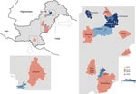 Locations of Crimean-Congo hemorrhagic fever cases in study of virus diversity and reassortment, Pakistan, 2017–2020. Main maps indicate the 2 regions in Pakistan with positive cases. Shading indicates provinces that had 1–10 cases. Inset map shows Pakistan and borders with Afghanistan, India, and Iran.