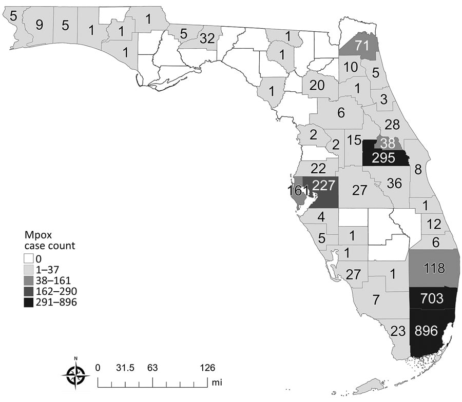 Distribution of mpox cases by county of residence in an investigation of concurrent outbreaks of hepatitis A, invasive meningococcal disease, and mpox, Florida, USA, 2021–2022. Numbers on map indicate numbers of persons with mpox reported to Florida Department of Health, by the person’s county of residence. 
