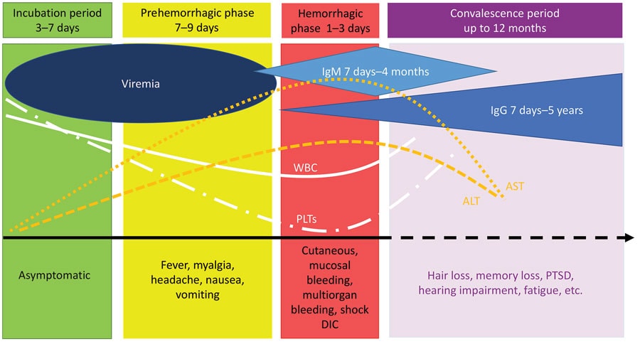 Overview of Crimean-Congo hemorrhagic fever virus symptom onset, clinical course, and diagnostic testing timeframes. ALT, alanine aminotransferase; AST, aspartate aminotransferase; DIC disseminated intravascular coagulation; PLTs, platelets; PTSD, post-traumatic stress disorder; WBCs, white blood cells.