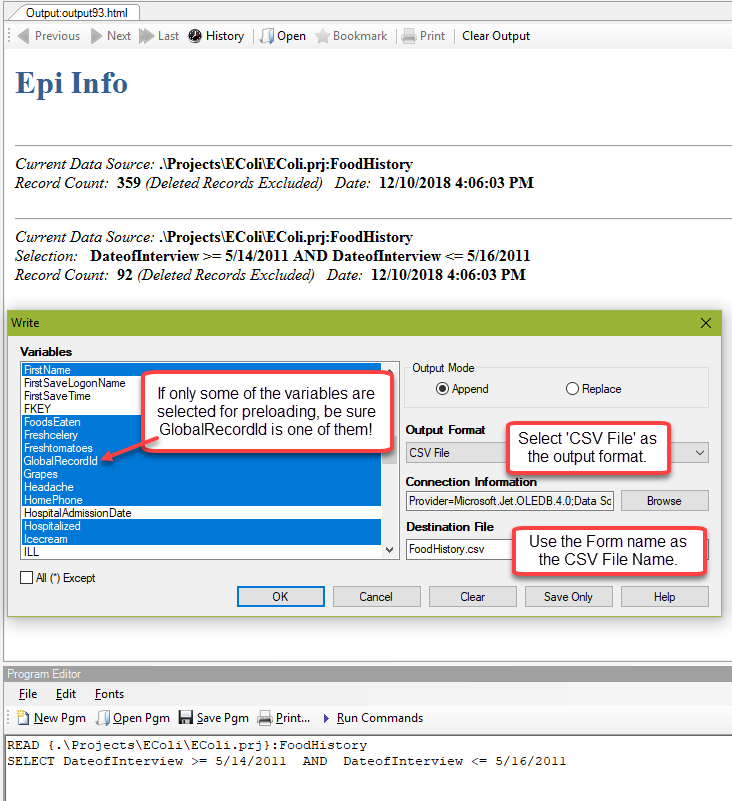 F627CreateCSVFile Write dialog showing settings for creating the Preload CSV File