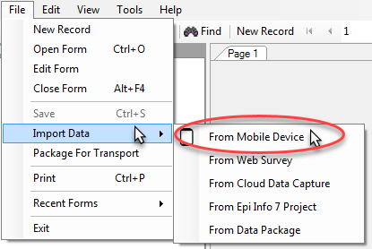 Screen shot of menu option for Importing Data from Mobile Device available in the Form Designer module.