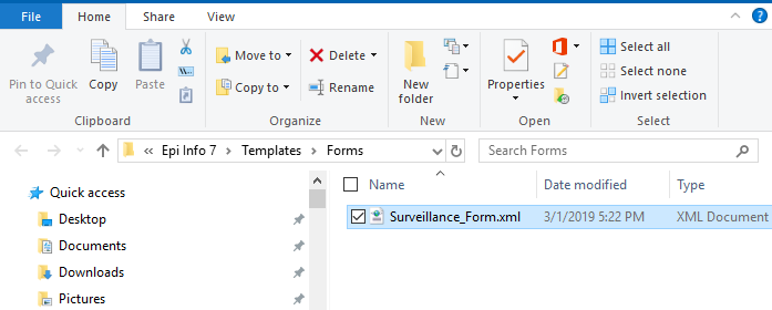 Windows Explorer showing the form template folder