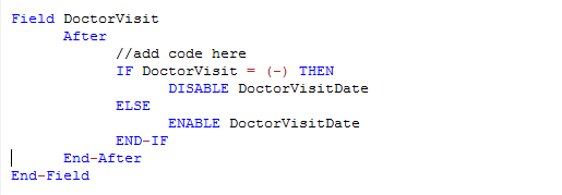 Check Code Sample showing Enable and Disable commands within the If/Then conditional block