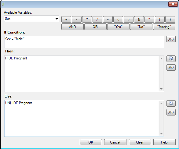 If-Then dialog box showing HIDE command