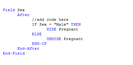 Check Code Sample showing the HIDE-UNHIDE commands within an If-Then condition