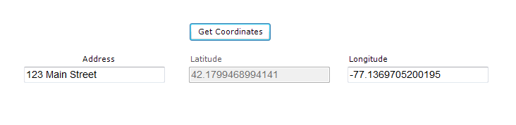 Form showing Get Coordinates button and fields showing the resulting geocode data