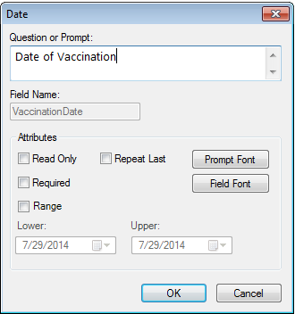 Vaccination Date definition dialog showing that the field is not marked as Required in the dialog