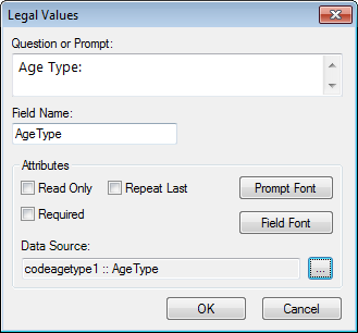 Image showing the Legal Value Field Definition Dialog box.