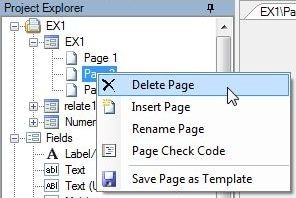 In the Project Explorer, right click the page you want to delete. Select Delete Page.