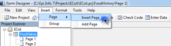 Another way to insert a page is from the menu bar, click Insert, then Page, then Insert Page. The page will be added above the current page.