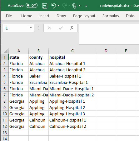 Image showing an Excel spreadsheet of the table to be used for Cascading Codes with columns for 'state', 'county', and 'hospital'.
