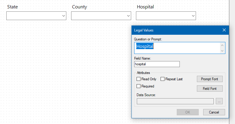 Image showing the canvas with fields for "state", "county", and "hospital", and a Legal Values definition dialog box for the field named "hospital".