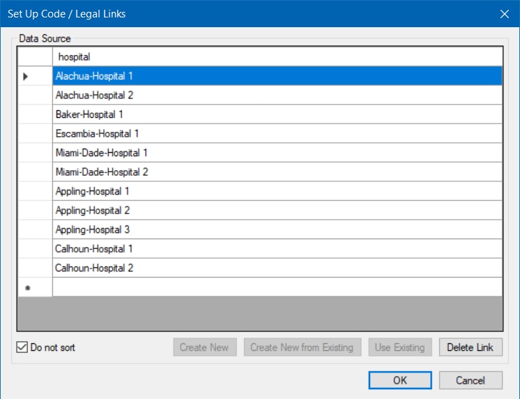 Image showing the Set Up Code / Legal Links dialog with the Data Source having one column for "hospital".