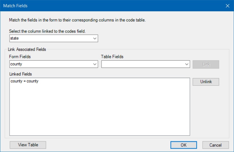 Image showing the Match Fields dialog.