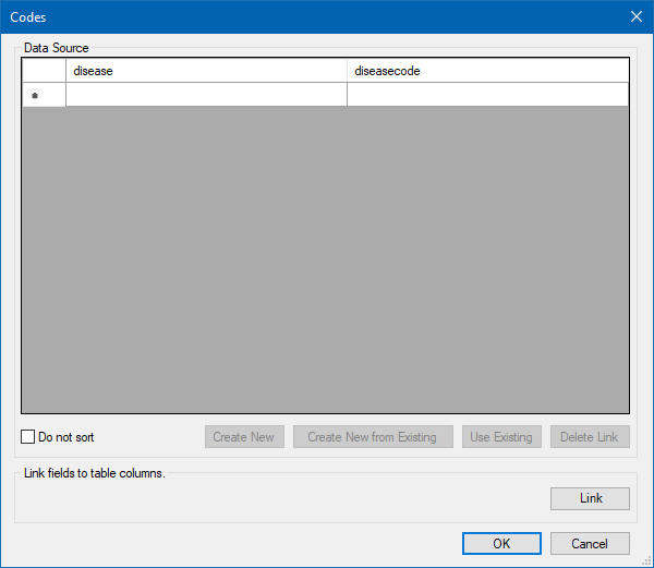 Image showing the Codes Field Data Source box after clicking Create New button.