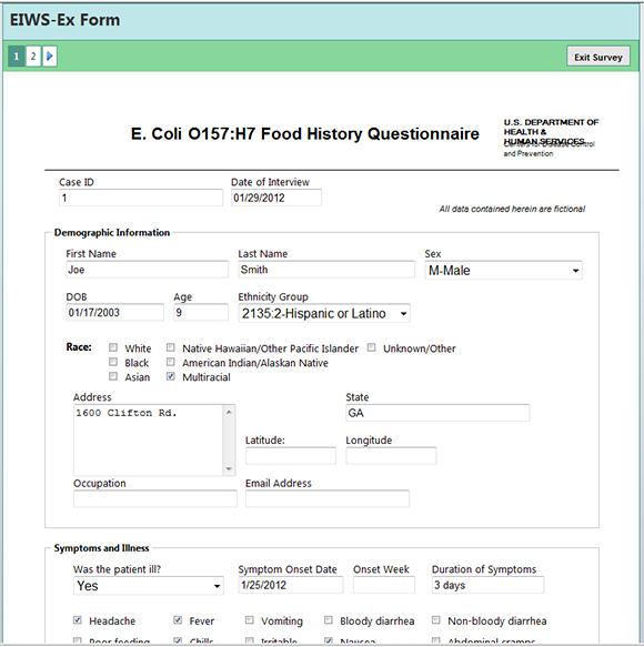 E. coli Web Survey form, page 1