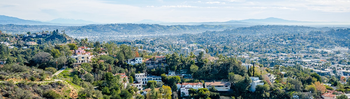 Imagen que muestra una vista desde una colina de una ciudad y casas caras en la ladera de la colina rodeada de árboles.